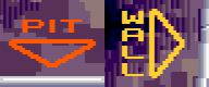 A red triangle pointing down with text "pit", and a yellow triangle pointing to the side with text "wall".