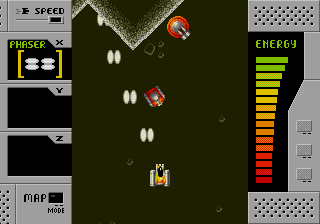 Playthrough of the first mission in the game. The thumbnail shows your ship fighting a patrol enemy (a small red tank), with a turret is behind it (still not aiming at you). You have equipped the wide phaser.